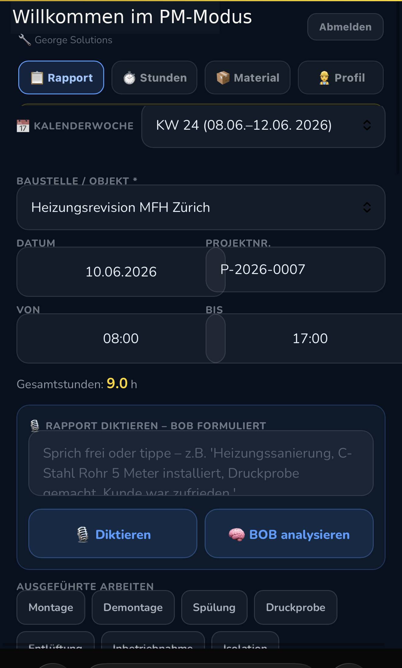George-Solutions-App: Tagesrapport-Dashboard mit Diktier-Funktion